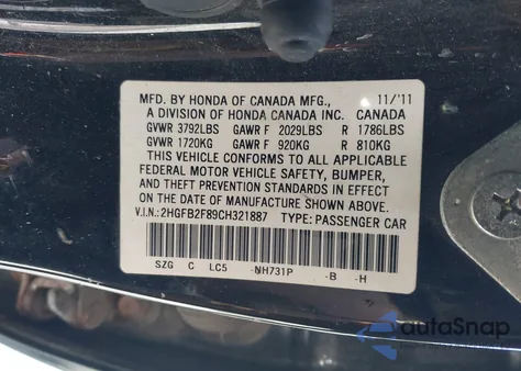2012 Honda Civic Ex from USA, damaged, VIN 2HGFB2F89CH321887